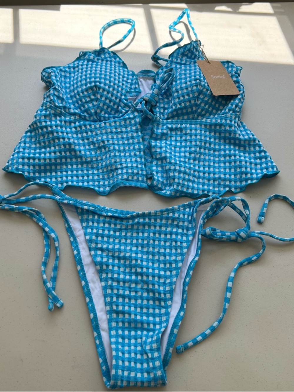 Samiol Tankini Bikini Set Medium Blue Plaid Tie Front Swimwear